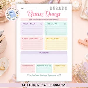 May include: A white paper planner sheet titled Brain Dump with pastel-coloured sections for Thoughts & Ideas, Tasks & To-Dos, Worries & Stressors, Gratitude & Wins, Today's Intention, Affirmation of the Day, and Tiny Next Steps, featuring mood icons.