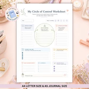 May include: A white My Circle of Control Worksheet with pastel-colored sections for tracking feelings, actions, and gratitude. The page includes headers like Outside My Control, In My Control, and Influence, Not Control, with lines for writing notes.