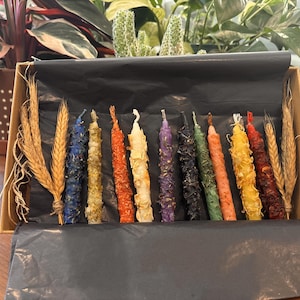 May include: A set of nine slender, textured taper candles in various colors including blue, yellow, orange, white, purple, black, green, peach, and red, arranged in a cardboard box lined with black tissue paper, flanked by two dried wheat stalks.