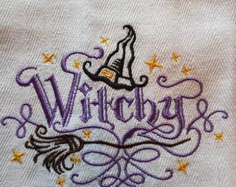 Witch, Halloween embroidered T Towel-Gothic kitchen, witch gift, halloween gift