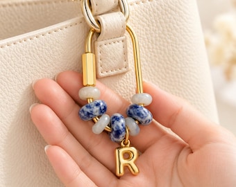 Custom Bubble Letter Bag Charm, Personalized Initial Keychain, Gold Beaded Purse Accessory, Bridesmaid Gift, Birthday Gift for Her