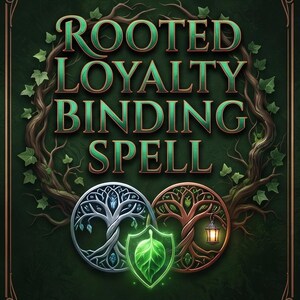 Può includere: Una grafica verde scuro con il testo ROOTED LOYALTY BINDING SPELL in lettere verde metallizzato. Il testo è incorniciato da un bordo circolare di viticci con foglie. Sotto, due emblemi circolari di alberi, uno argento e uno rame, fiancheggiano uno scudo luminoso a forma di foglia verde.