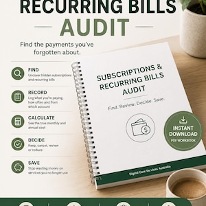 以下が含まれることがあります： Subscriptions & Recurring Bills Auditというタイトルの白いスパイラル綴じのワークブック。ダークグリーンの表紙デザインで、Find、Record、Calculate、Decide、Saveというテキストや、Find. Review. Decide. Save.というフレーズ、および様々なアイコンがページ上に記載されています。