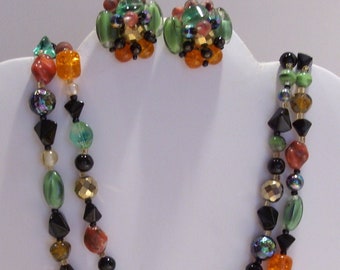 West Germany Multi Color Glass Bead 50"Necklace & Clip Earring Set