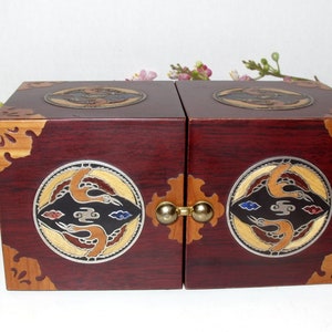 Wood Inlay Korean Hinged Jewelry Box with Four Drawers Back Stamped Pusan National University Great Gift