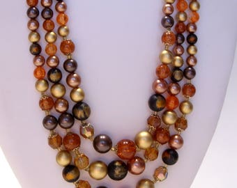 Three Strand Orange, Gold and Black Bead Necklace, FREE SHIPPING USA, Mid Century Vintage Bead Necklace Jewelry, Great Gift