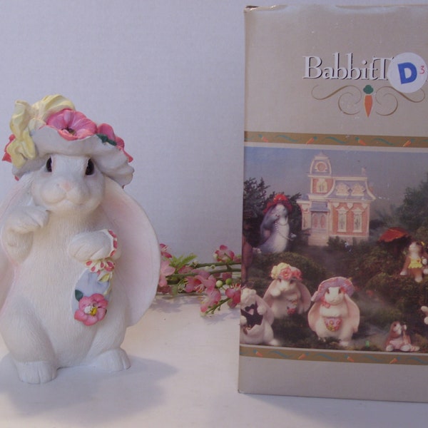 NOS Vintage Resin White Bunny Rabbit BabbitTown Figurine with Fabulous Floral Hat Creations by Carole Original Box Easter Home Decor, Gift