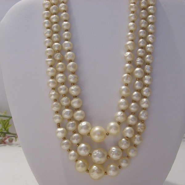 Hattie Carnegie Three Strand Creamy Faux Pearl Bead Necklace Collectible Vintage Carnegie Designer 3 Strand Bead Necklace Great Gift