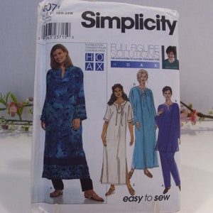 May include: A sewing pattern for a long, loose-fitting dress with a V-neck and long sleeves. The pattern is from Simplicity and is part of their Full Figure Solutions line. The pattern includes instructions for making the dress in three different styles: a white dress with a tie at the neck, a blue dress with a tie at the neck, and a purple dress with a tie at the neck and matching trousers.