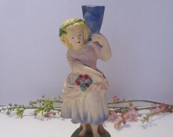 Chalkware Figurine of a Blonde Haired Girl with Roses Holding a Blue Urn on Her Shoulders 1940's Vintage Chalkware Collectible