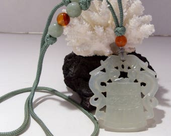 Jade Carved Dragon Pendant Necklace, FREE SHIPPING USA, Vintage Jade and Carnelian Beads on Green Cord Great Gift