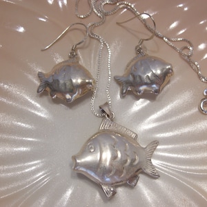 Sterling Silver Puffy Hollow Fish Pendant Necklace and Matching Pierced Wire Hook Dangle Earrings Vintage Jewelry Set