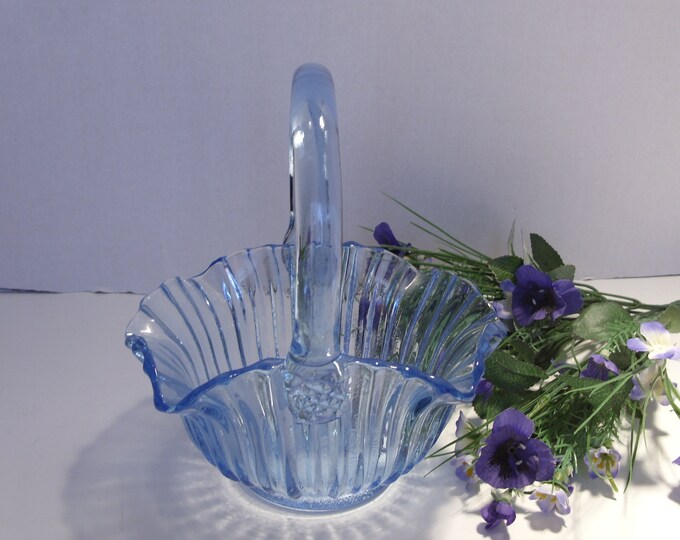 Blue Glass Ruffled Edge Fluted Basket Vintage Ice Blue Glass Basket