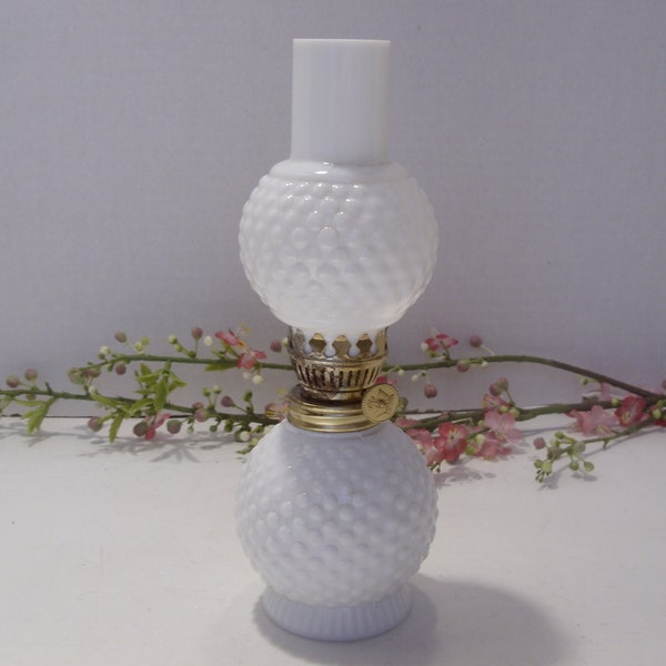 Miniature White Hobnail Milk Glass Hurricane Lamp Vintage Mini Hurricane Lamp is 7 7/8" Tall Pretty Collectible Miniature Oil Lamp