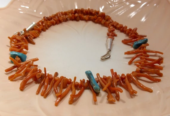 Vintage Branch Coral and Turquoise Necklace, 18 I… - image 1