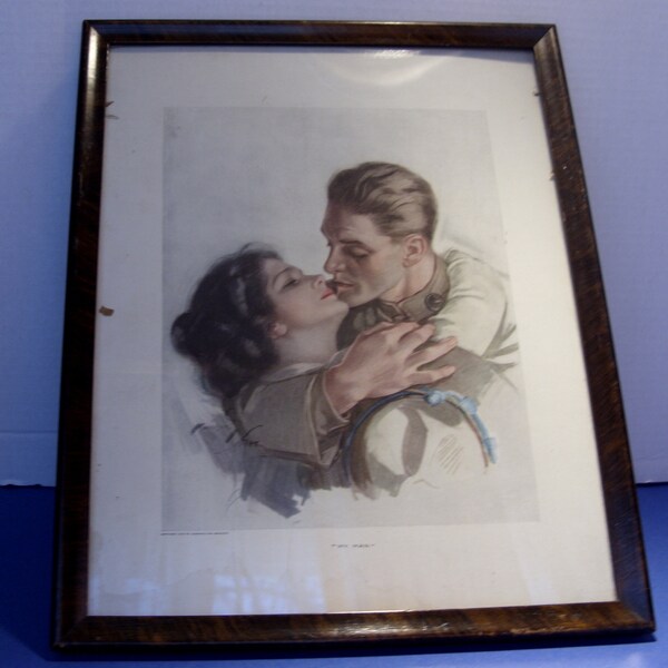 Harrison Fisher Poster Print "My Man" WWI Soldier About to Kiss Beautiful Woman 1918 Copyright Cosmopolitan Magazine Framed Under Glass