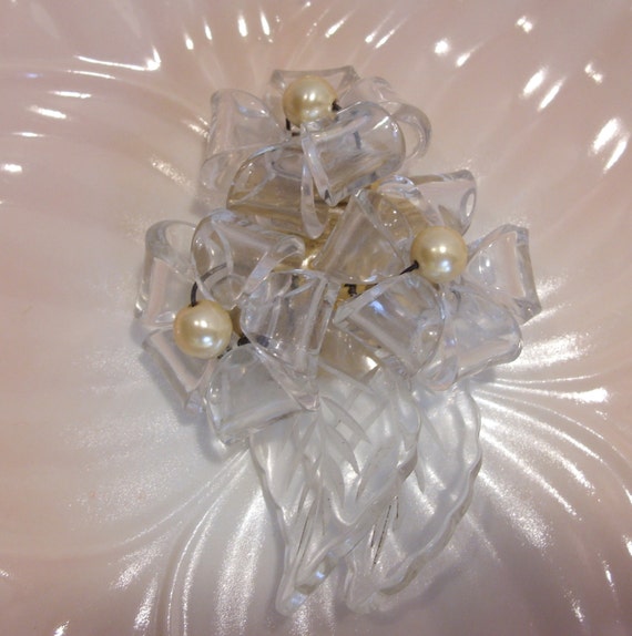 Clear Lucite Brooch, Ribbon with Pearl and Carved… - image 1