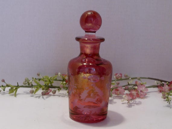 Bohemian Cranberry Etched Glass Perfume Bottle View 5