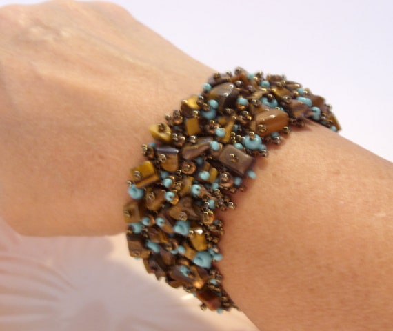 Tiger Eye Gemstone and Turquoise and Copper Glass… - image 3