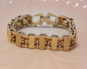 Vintage Gold Tone Link Bracelet: Textured Metal Bars, Safety Chain