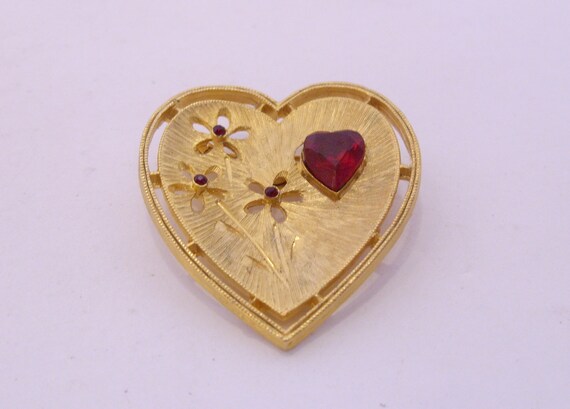 J J Gold Heart and Flower Brooch Pin, Brushed Sat… - image 1