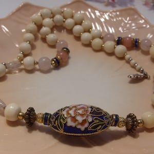 Bone Color Rose Quartz and Cloisonne Bead Necklace 24" Vintage