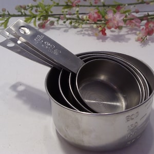 Stainless Steel Dry Measuring Cup Set Group of Four Includes 1/4 Cup, 1/3 Cup, 1/2 Cup and 1 Cup Vintage Kitchen Utensil, Gadget, Tool