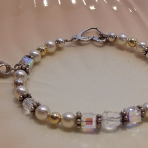 Sterling Silver, Pearl, Gold Bead and Crystal Bracelet with Filigree Ribbon Charm, FREE SHIPPING USA