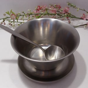 Stainless Steel Bowl with Attached Underplate Made in Denmark with Stainless Steel Serving Ladle Made in Japan Mid Century Vintage Serving