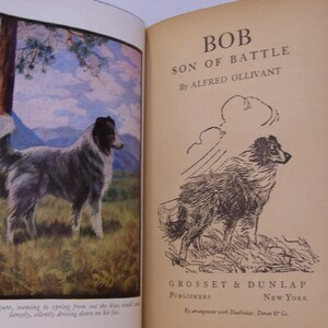 May include: A black and white illustration of a dog standing on a grassy field with mountains in the background. The text "BOB SON OF BATTLE By ALFRED OLLIVANT" is printed above the illustration. The text "GROSSET & DUNLAP PUBLISHERS NEW YORK By arrangement with Doubleday, Doran & Co." is printed below the illustration.