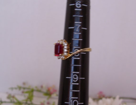Ruby Red Emerald Cut Glass Stone Ring in Gold Ton… - image 3
