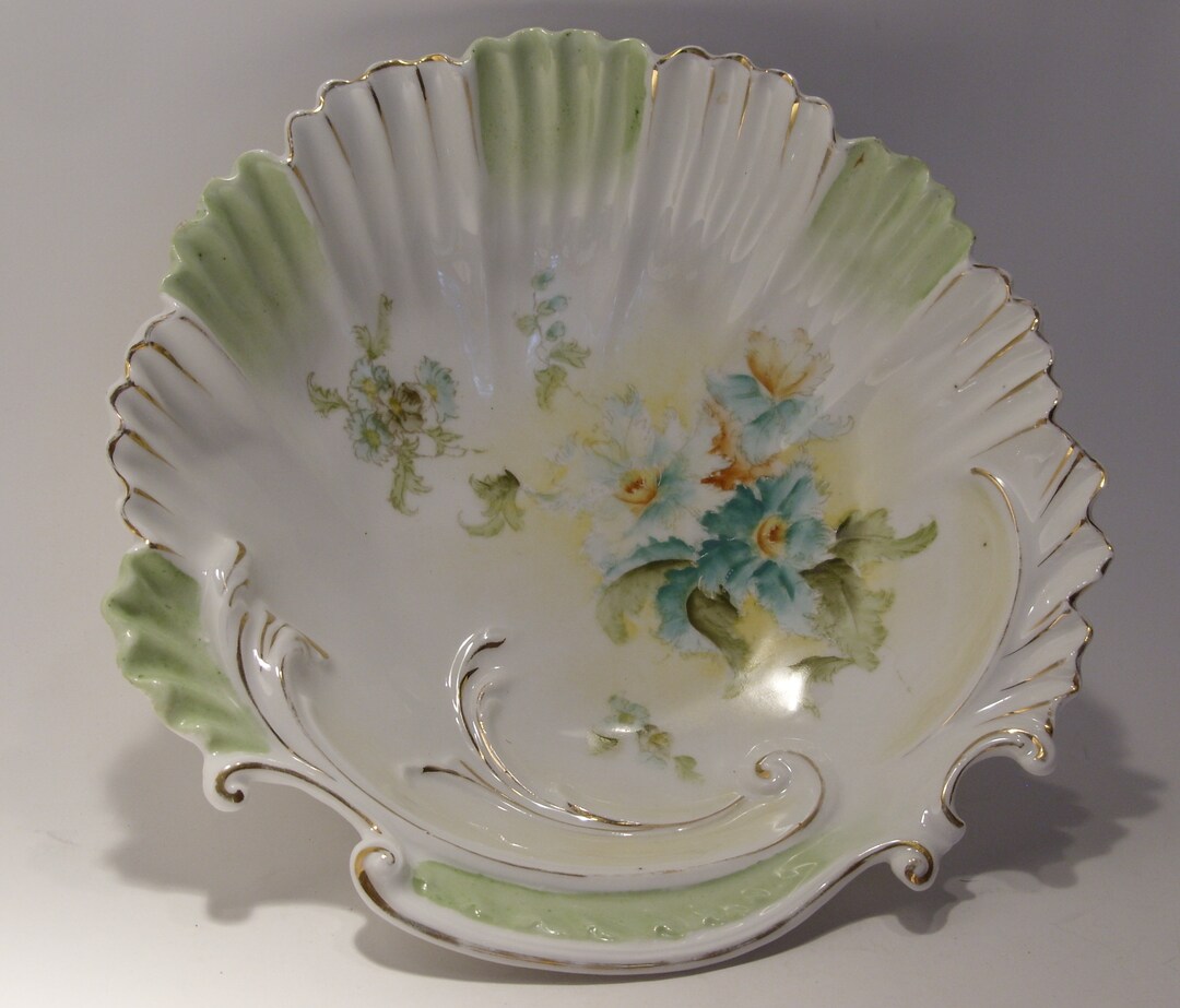Antique Porcelian Floral Serving Bowl Turquoise Blue Flowers Celery