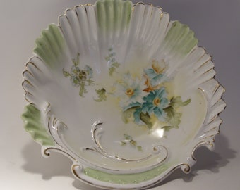 Antique Porcelian Floral Serving Bowl Turquoise Blue Flowers Celery Green and White Bowl, Gold Trim, Wedding, Housewarming Gift