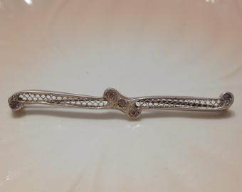 Antique Sterling Silver Filigree Bar Pin Brooch with Rhinestone Accents