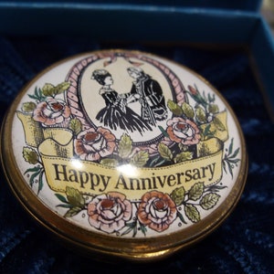Bilston and Battersea Enamel Happy Anniversary Trinket Jewelry Box Made in england Sold Cartier New York Vintage Collectible