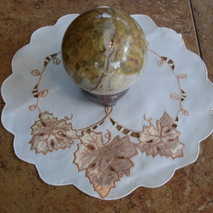Fall Leaves Cream Colored 11 Inch Doily by Lei&#39;s Linens Made in China, Green, Brown, Orange Mottled Leaves Appliqued on Scalloped Doily