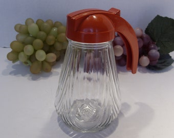 Vintage Glass Syrup Jar Dispenser with Red Plastic Lid Handle