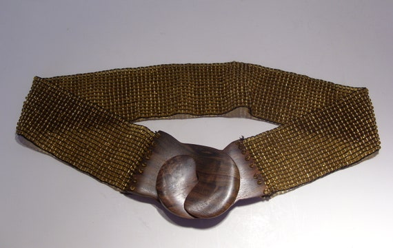 Gold Beaded Vintage Stretch Belt with Brown Wood … - image 8