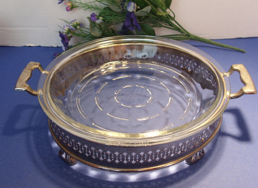 Glasbake Vintage 8 Inch Pie Plate 244 1 2 and May 27 Pat. Date on Rim With Silverplate Filigree Casserole Plate Holder Stand Kitchen Serving Etsy