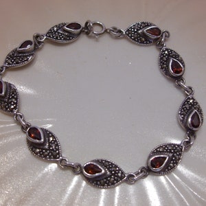 Vintage Garnet Marcasite Sterling Silver Link Bracelet