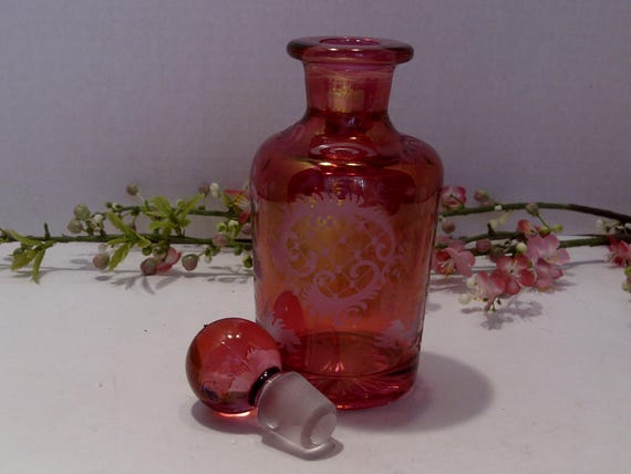 Bohemian Cranberry Etched Glass Perfume Bottle