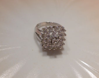 Rhinestone Square Cluster Cocktail Ring Size 4 Vintage Silver Tone Metal For Small Finger
