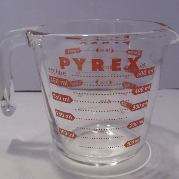 Pyrex Vintage Glass Two Cup, 16 Ounce, 1 Pint, 1/2 Litre, 500 ml Measuring Cup Microwavable Made in USA Corning, NY Versatile Measure