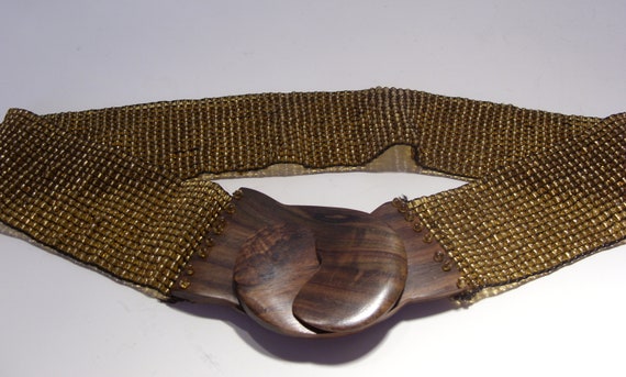 Gold Beaded Vintage Stretch Belt with Brown Wood … - image 1