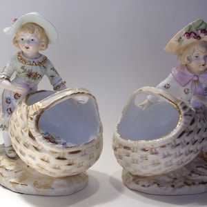 Vintage Porcelain Large Boy and Girl Figurines Holding Baskets, Large Vintage Boy and Girl Porcelain Figurines, Pair of Child Figurines