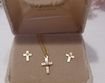 Vintage 14KT Gold Cross Pendant & Earrings, Opal Accent, 12KT GF Chain