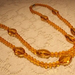 Topaz Color Glass Bead Necklace Round Beads Large Faceted Oval Bead Accents Barrel Clasp, Vintage 29 Inch Glass Bead Necklace, Great Gift