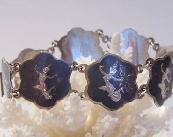Vintage Siam Sterling Silver Shield Bracelet: Dancer Motif
