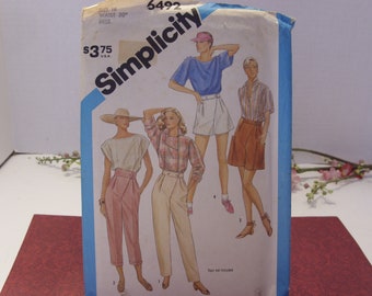 Simplicity Pattern 6492 Size 14 Waist Size 30" UNCUT Misses Asymmetric Pants and Shorts in Two Lengths 1980's Vintage Home Sewing Pattern