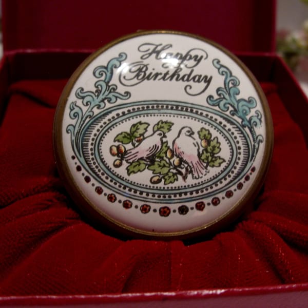 Halcyon Days Bilston and Battersea Enamel Happy Birthday Trinket Jewelry Box Made in England Sold Cartier New York Collectible